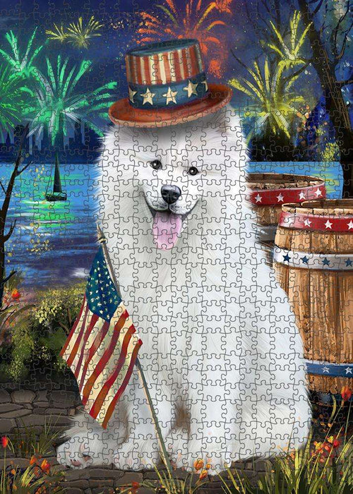 4th of July Independence Day Fireworks Samoyed Dog at the Lake Puzzle with Photo Tin PUZL57510