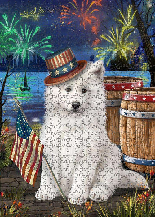 4th of July Independence Day Fireworks Samoyed Dog at the Lake Puzzle with Photo Tin PUZL57513