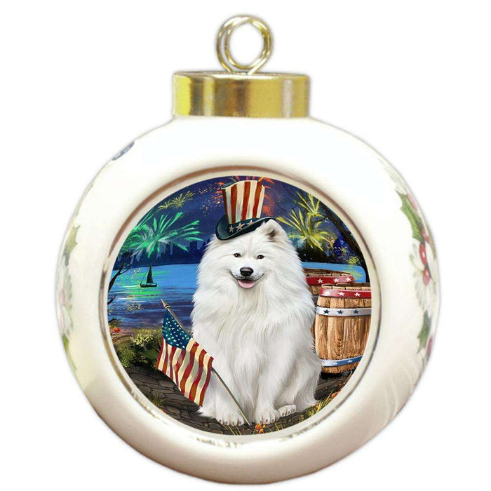4th of July Independence Day Fireworks Samoyed Dog at the Lake Round Ball Christmas Ornament RBPOR51213