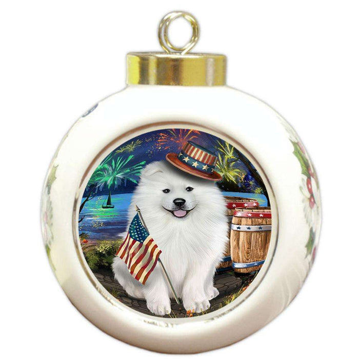4th of July Independence Day Fireworks Samoyed Dog at the Lake Round Ball Christmas Ornament RBPOR51214