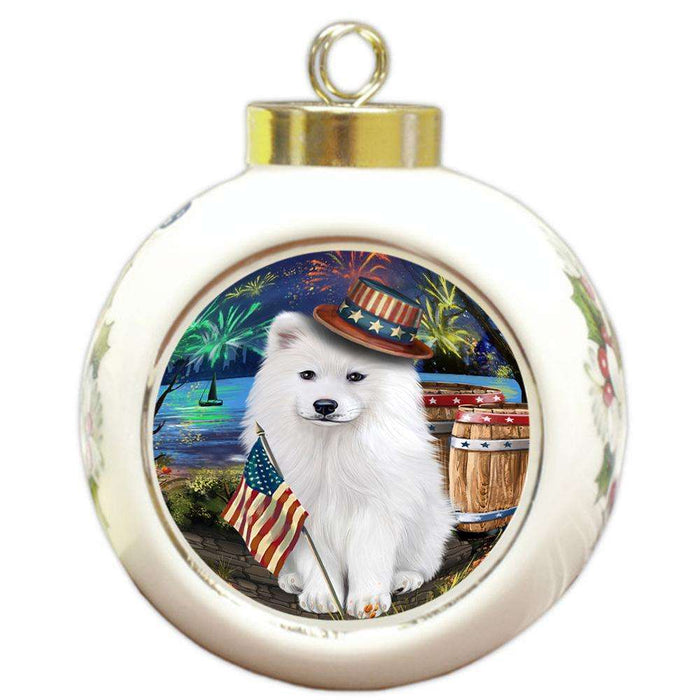 4th of July Independence Day Fireworks Samoyed Dog at the Lake Round Ball Christmas Ornament RBPOR51215