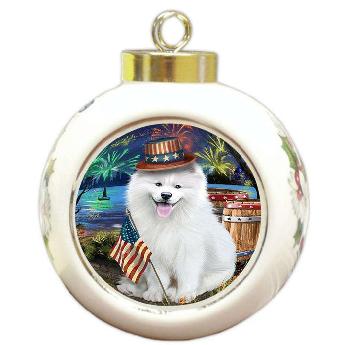 4th of July Independence Day Fireworks Samoyed Dog at the Lake Round Ball Christmas Ornament RBPOR51216
