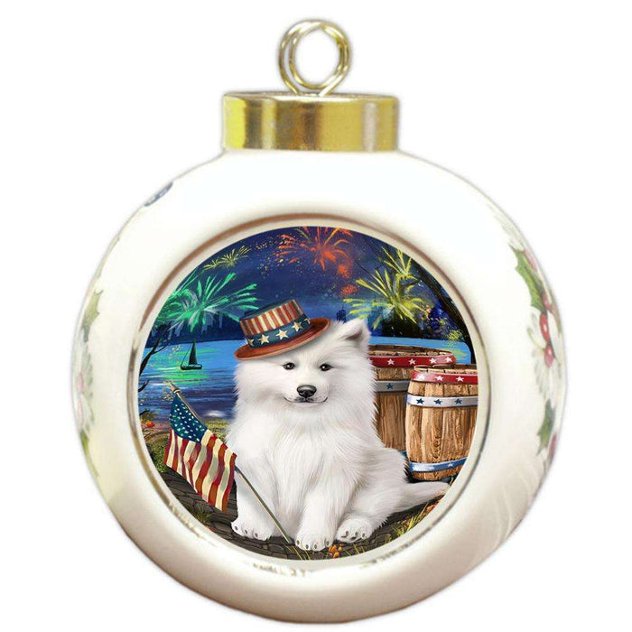 4th of July Independence Day Fireworks Samoyed Dog at the Lake Round Ball Christmas Ornament RBPOR51217