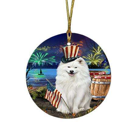 4th of July Independence Day Fireworks Samoyed Dog at the Lake Round Flat Christmas Ornament RFPOR51204