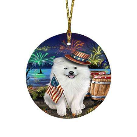 4th of July Independence Day Fireworks Samoyed Dog at the Lake Round Flat Christmas Ornament RFPOR51205