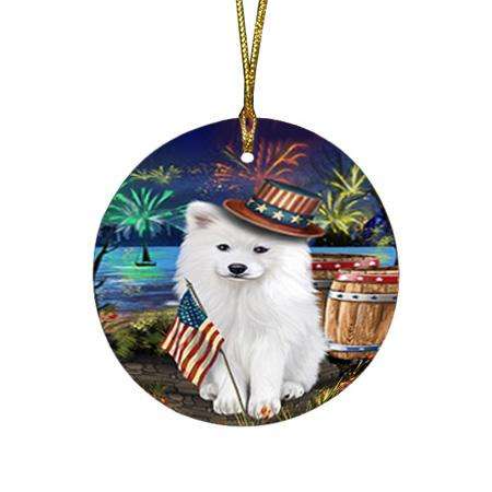4th of July Independence Day Fireworks Samoyed Dog at the Lake Round Flat Christmas Ornament RFPOR51206
