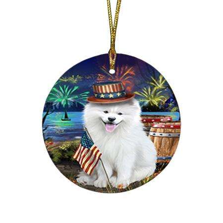 4th of July Independence Day Fireworks Samoyed Dog at the Lake Round Flat Christmas Ornament RFPOR51207