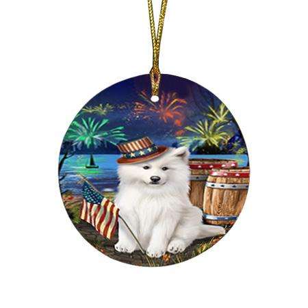 4th of July Independence Day Fireworks Samoyed Dog at the Lake Round Flat Christmas Ornament RFPOR51208