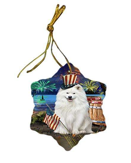 4th of July Independence Day Fireworks Samoyed Dog at the Lake Star Porcelain Ornament SPOR51205