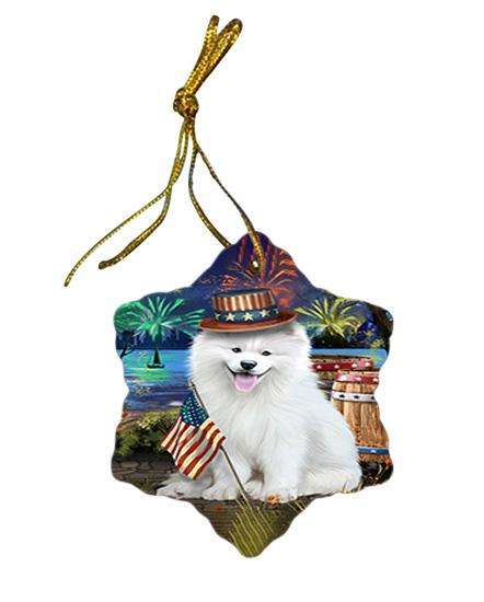 4th of July Independence Day Fireworks Samoyed Dog at the Lake Star Porcelain Ornament SPOR51208