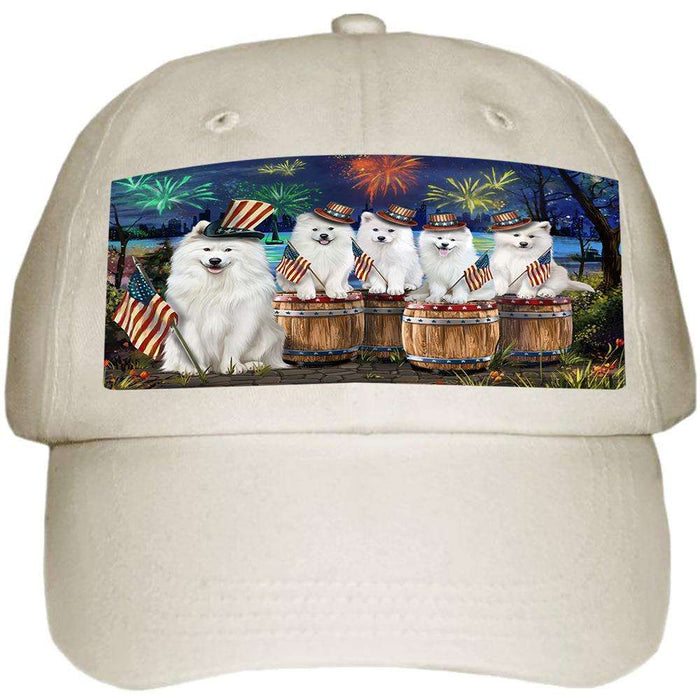 4th of July Independence Day Fireworks Samoyeds at the Lake Ball Hat Cap HAT56886