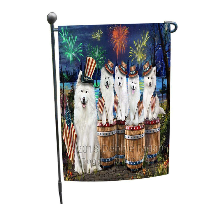 4th of July Independence Day Fireworks Samoyeds at the Lake Garden Flag GFLG50973