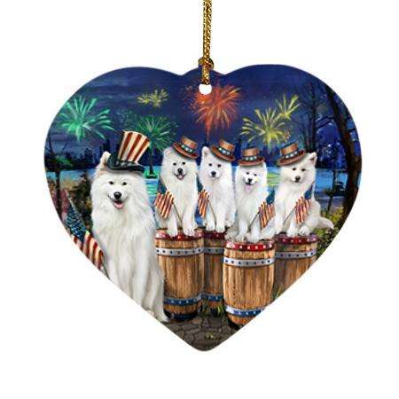 4th of July Independence Day Fireworks Samoyeds at the Lake Heart Christmas Ornament HPOR51051