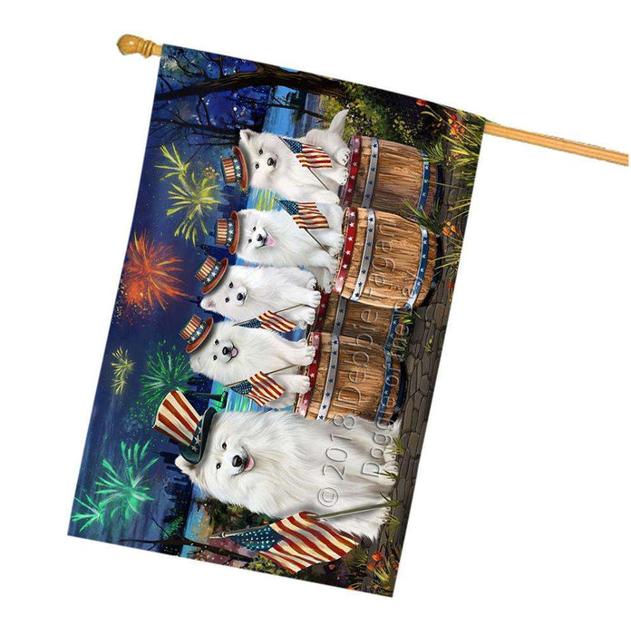 4th of July Independence Day Fireworks Samoyeds at the Lake House Flag FLG51109