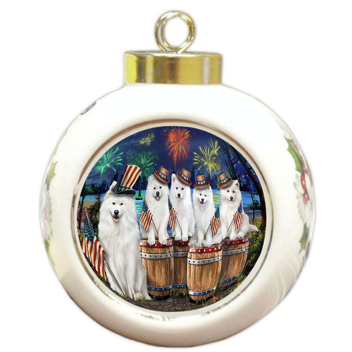 4th of July Independence Day Fireworks Samoyeds at the Lake Round Ball Christmas Ornament RBPOR51051