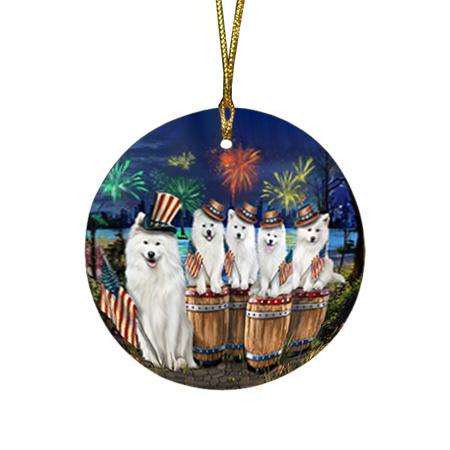 4th of July Independence Day Fireworks Samoyeds at the Lake Round Flat Christmas Ornament RFPOR51042