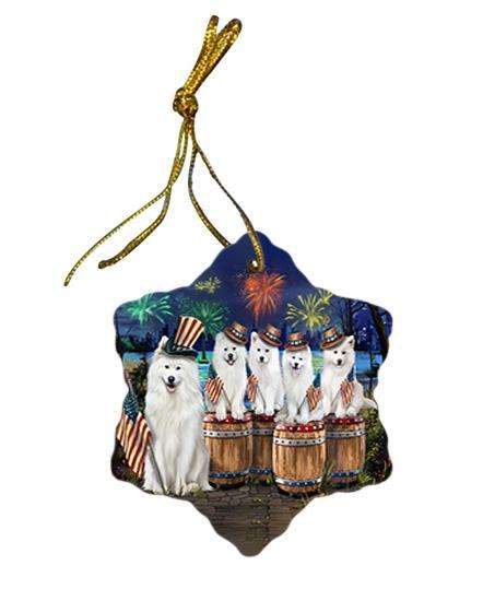 4th of July Independence Day Fireworks Samoyeds at the Lake Star Porcelain Ornament SPOR51043