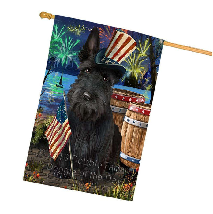 4th of July Independence Day Fireworks Scottish Terrier Dog at the Lake House Flag FLG51276