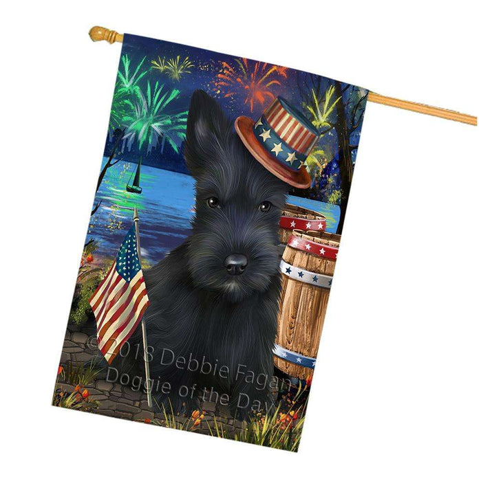 4th of July Independence Day Fireworks Scottish Terrier Dog at the Lake House Flag FLG51277