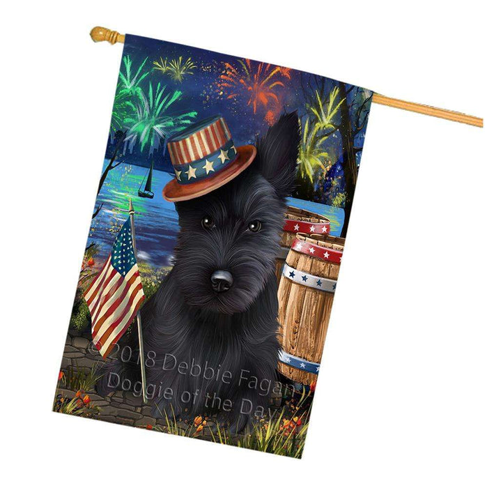 4th of July Independence Day Fireworks Scottish Terrier Dog at the Lake House Flag FLG51279
