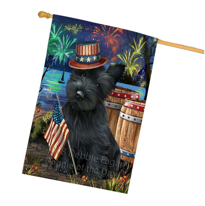 4th of July Independence Day Fireworks Scottish Terrier Dog at the Lake House Flag FLG51280