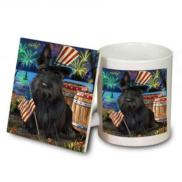 4th of July Independence Day Fireworks Scottish Terrier Dog at the Lake Mug and Coaster Set MUC51210