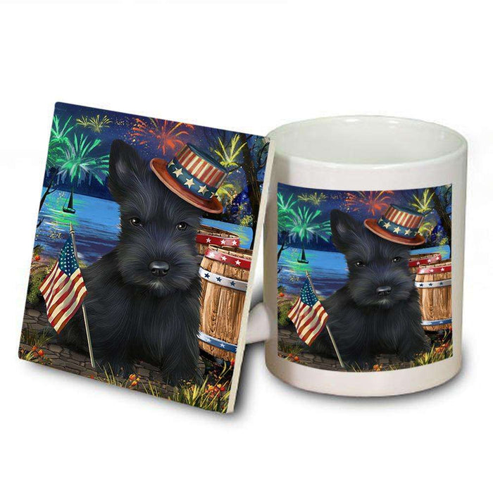 4th of July Independence Day Fireworks Scottish Terrier Dog at the Lake Mug and Coaster Set MUC51211