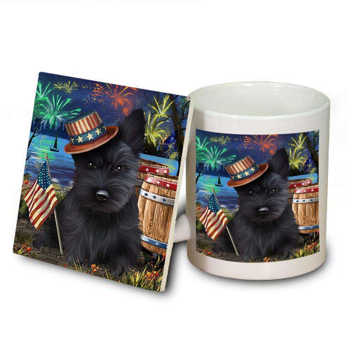 4th of July Independence Day Fireworks Scottish Terrier Dog at the Lake Mug and Coaster Set MUC51213