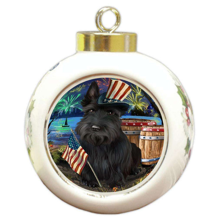 4th of July Independence Day Fireworks Scottish Terrier Dog at the Lake Round Ball Christmas Ornament RBPOR51218
