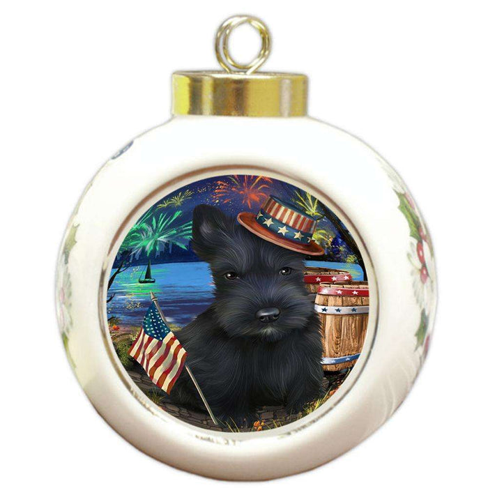 4th of July Independence Day Fireworks Scottish Terrier Dog at the Lake Round Ball Christmas Ornament RBPOR51219