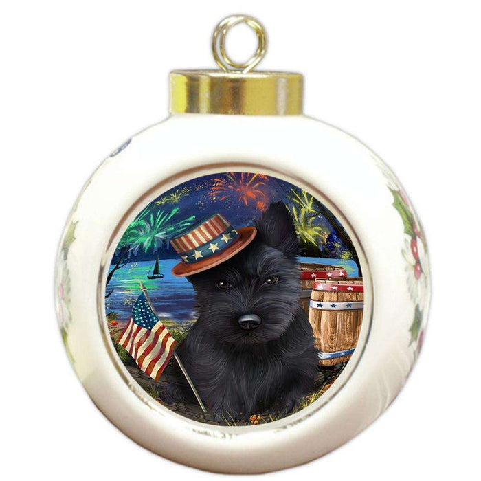 4th of July Independence Day Fireworks Scottish Terrier Dog at the Lake Round Ball Christmas Ornament RBPOR51221