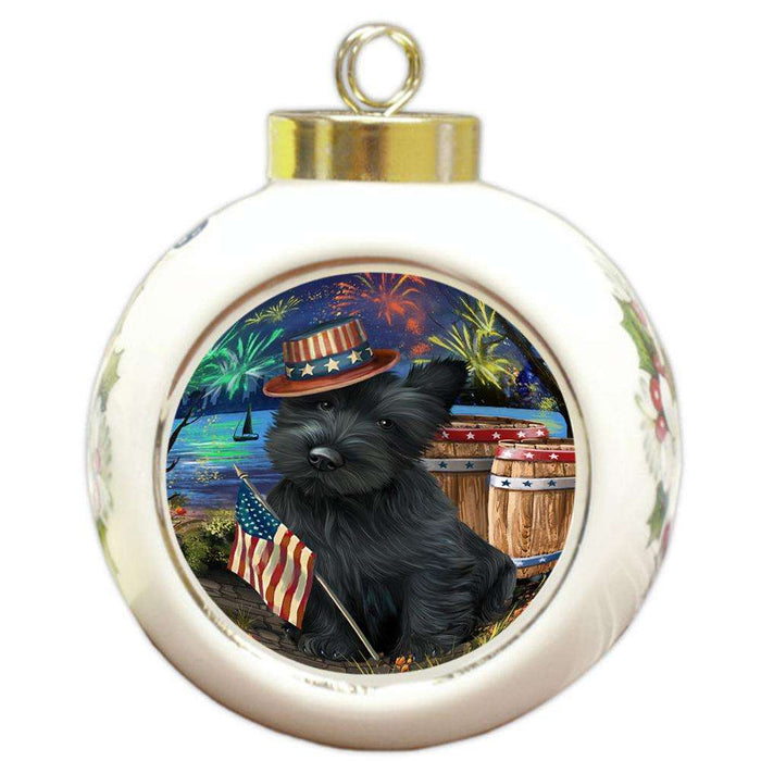4th of July Independence Day Fireworks Scottish Terrier Dog at the Lake Round Ball Christmas Ornament RBPOR51222