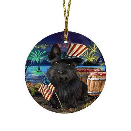 4th of July Independence Day Fireworks Scottish Terrier Dog at the Lake Round Flat Christmas Ornament RFPOR51209