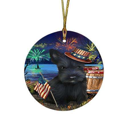 4th of July Independence Day Fireworks Scottish Terrier Dog at the Lake Round Flat Christmas Ornament RFPOR51210
