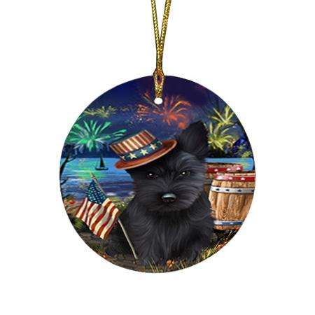 4th of July Independence Day Fireworks Scottish Terrier Dog at the Lake Round Flat Christmas Ornament RFPOR51212