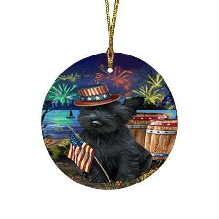 4th of July Independence Day Fireworks Scottish Terrier Dog at the Lake Round Flat Christmas Ornament RFPOR51213