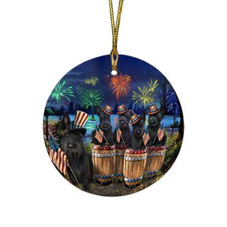 4th of July Independence Day Fireworks Scottish Terriers at the Lake Round Flat Christmas Ornament RFPOR51043