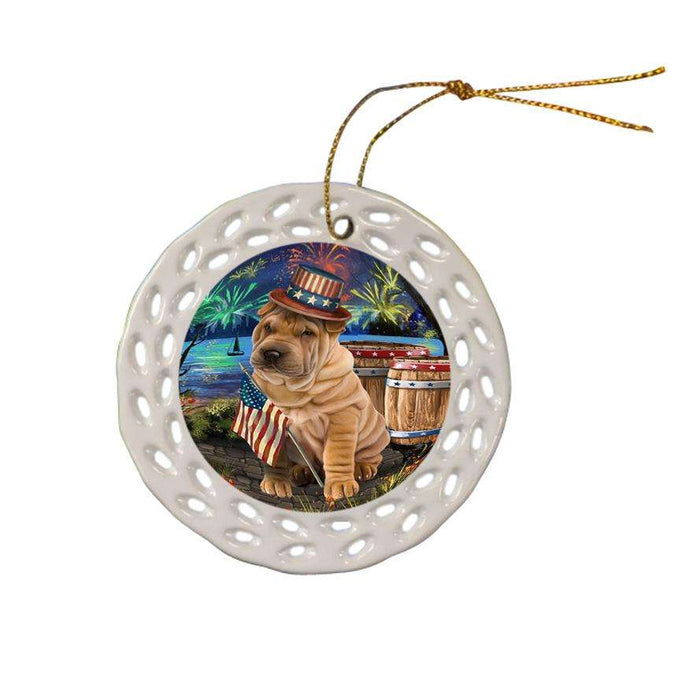 4th of July Independence Day Fireworks Shar Pei Dog at the Lake Ceramic Doily Ornament DPOR51225