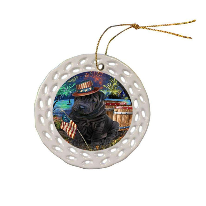 4th of July Independence Day Fireworks Shar Pei Dog at the Lake Ceramic Doily Ornament DPOR51226