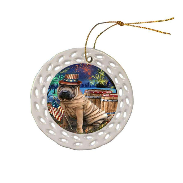 4th of July Independence Day Fireworks Shar Pei Dog at the Lake Ceramic Doily Ornament DPOR51227