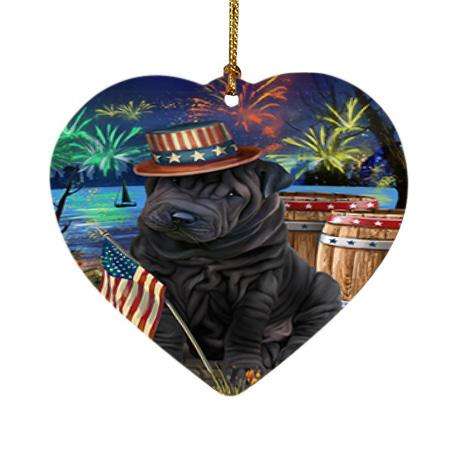 4th of July Independence Day Fireworks Shar Pei Dog at the Lake Heart Christmas Ornament HPOR51226