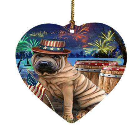 4th of July Independence Day Fireworks Shar Pei Dog at the Lake Heart Christmas Ornament HPOR51227