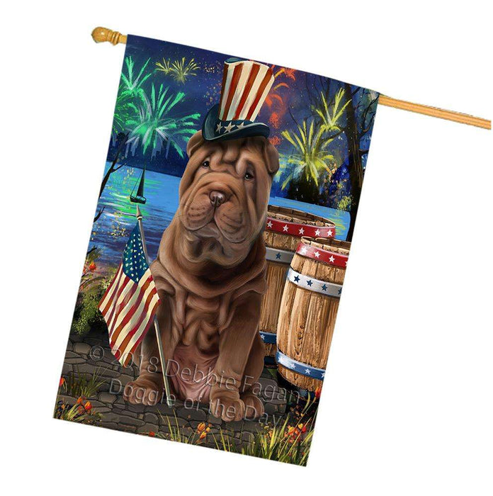 4th of July Independence Day Fireworks Shar Pei Dog at the Lake House Flag FLG51281