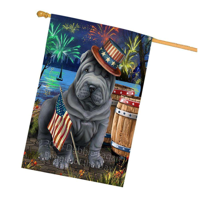 4th of July Independence Day Fireworks Shar Pei Dog at the Lake House Flag FLG51282