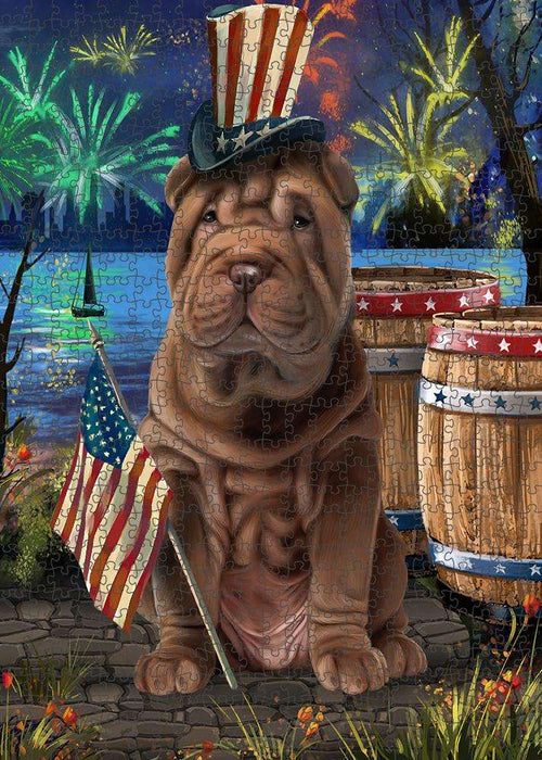 4th of July Independence Day Fireworks Shar Pei Dog at the Lake Puzzle with Photo Tin PUZL57531