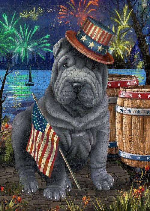 4th of July Independence Day Fireworks Shar Pei Dog at the Lake Puzzle with Photo Tin PUZL57534