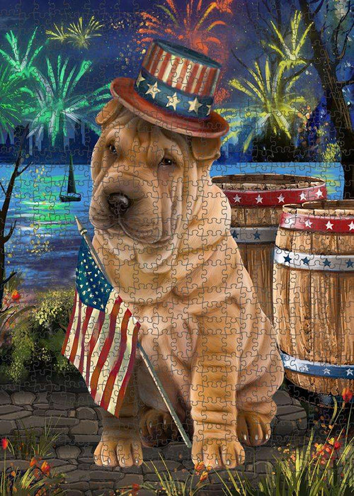 4th of July Independence Day Fireworks Shar Pei Dog at the Lake Puzzle with Photo Tin PUZL57537