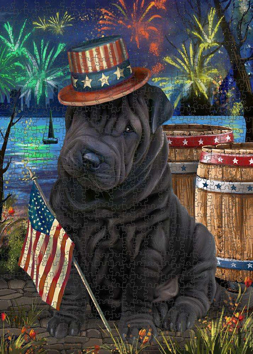 4th of July Independence Day Fireworks Shar Pei Dog at the Lake Puzzle with Photo Tin PUZL57540