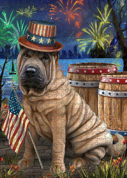 4th of July Independence Day Fireworks Shar Pei Dog at the Lake Puzzle with Photo Tin PUZL57543
