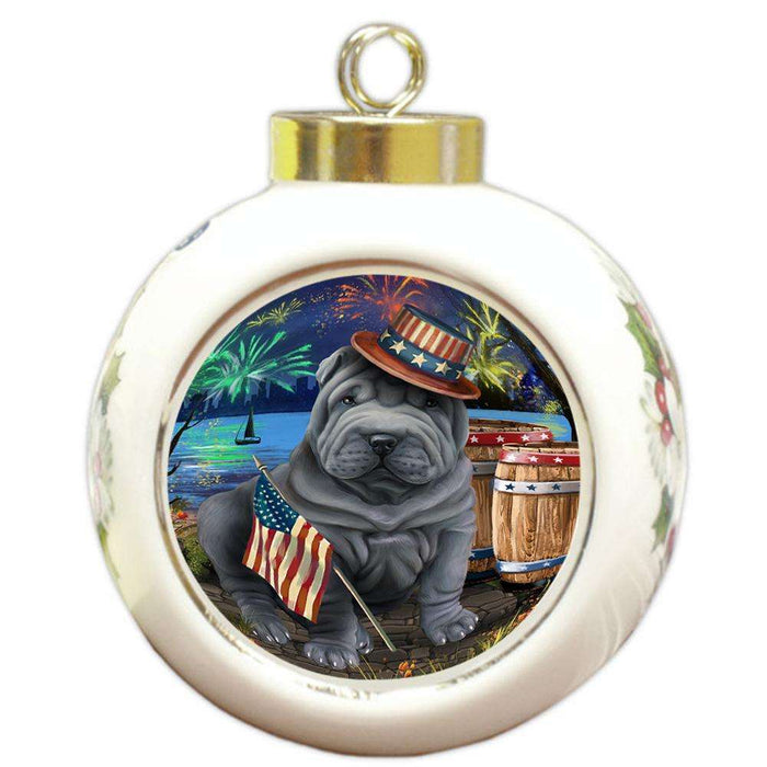 4th of July Independence Day Fireworks Shar Pei Dog at the Lake Round Ball Christmas Ornament RBPOR51224